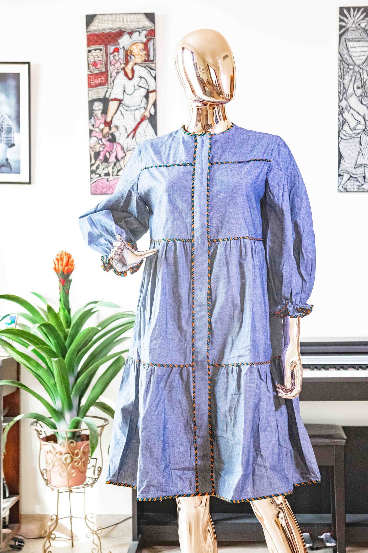 Denim Color 3/4 Sleeve Bodycon Midi Dress | norma jeans
